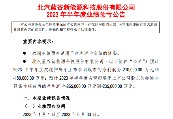 产品亟需上量 北汽蓝谷上半年预亏18亿-21亿元(图1)